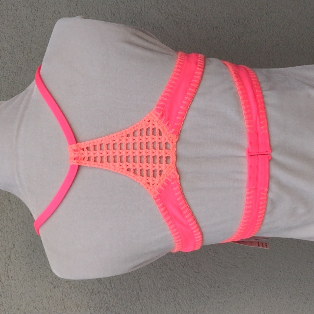 Victoria's Secret Neon Pink Racer Back Crochet Embellished Bikini Top Women's L